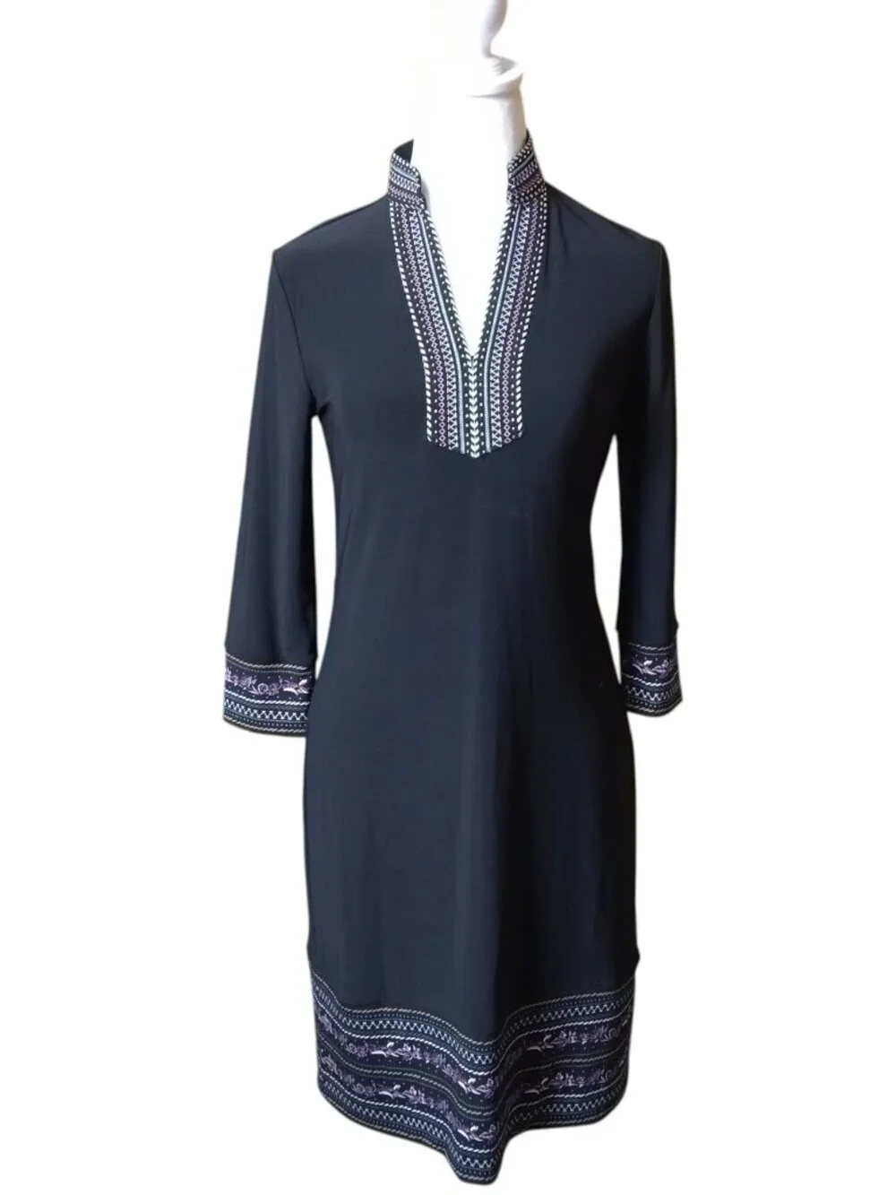 White House Black Market Black Beaded Neckline XS 3/4 Sleeve Dress Office Boho